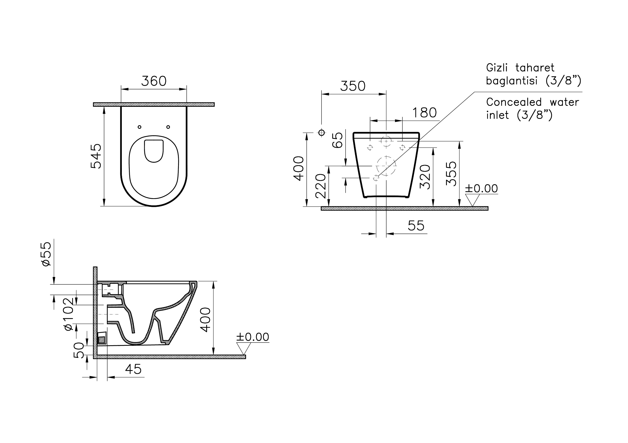 Vitra Integra Round Rim-Ex Wandcloset Met Bidet Mat Zwart