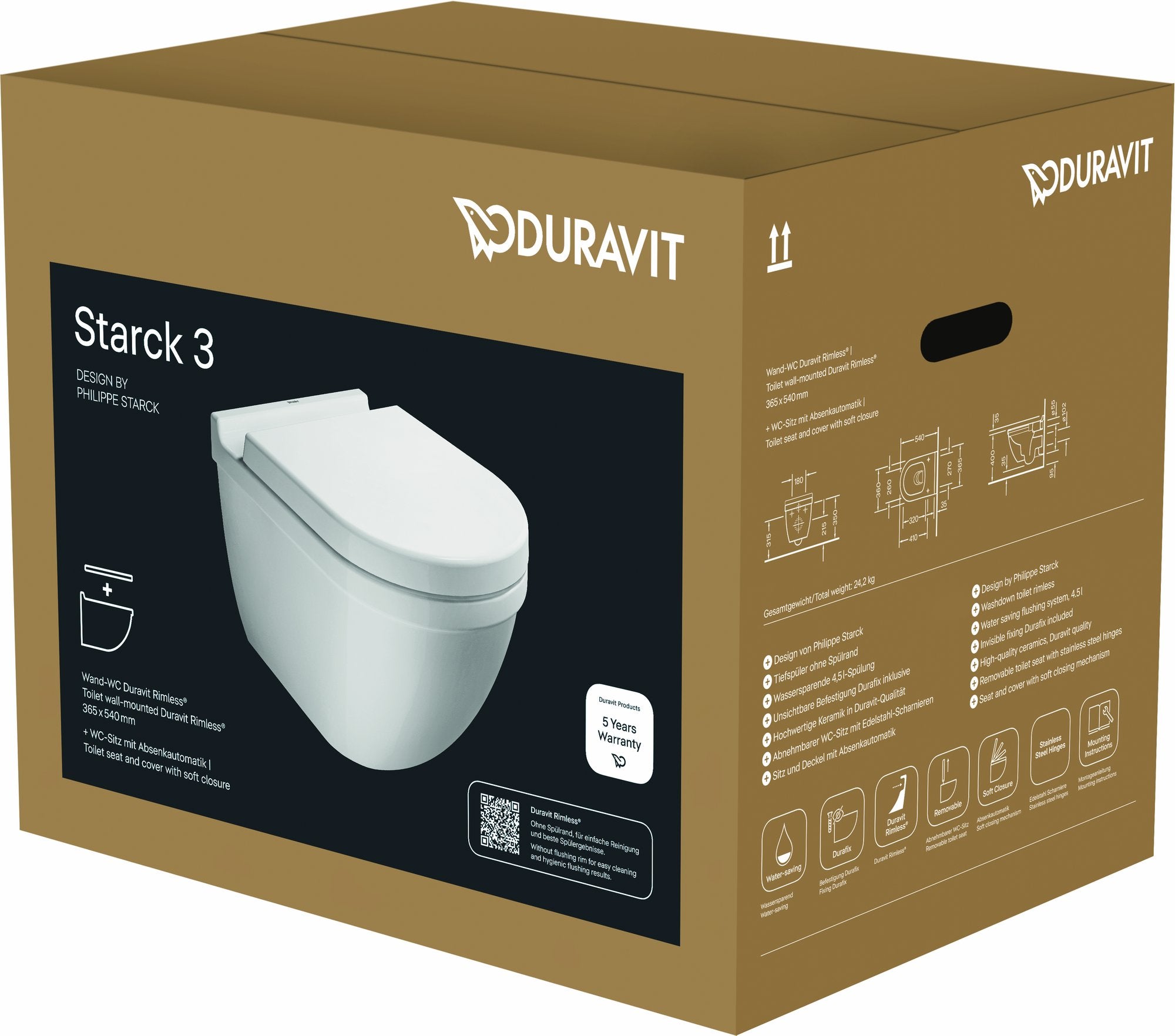 Duravit Starck 3 Pack Wandcloset Rimless Diepspoel Zitting Wit