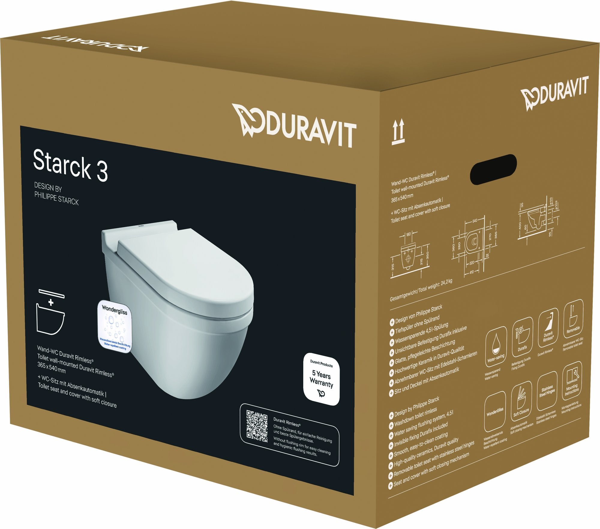 Duravit Starck 3 Wandclosetset Diepspoel Spoelrandloos 36X54Cm Met Softclose Closetzitting Wondergliss Wit