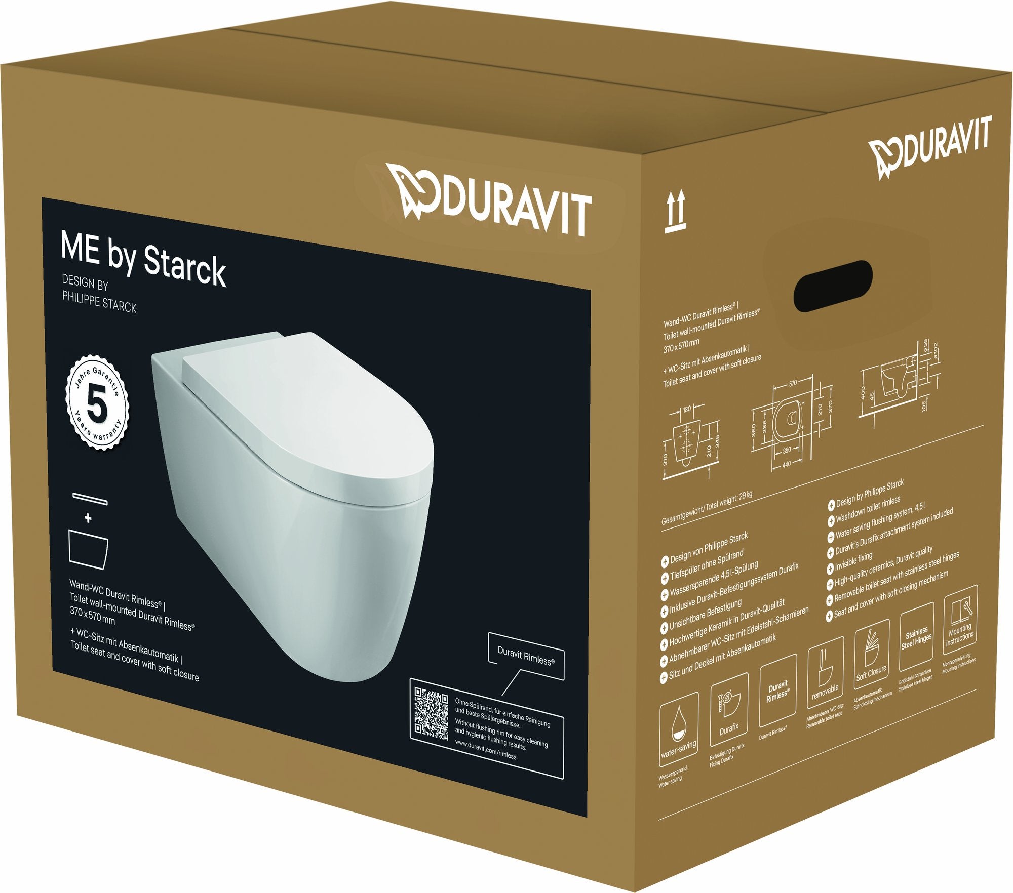 Duravit Starck Me Wandclosetpack Diepspoel Rimless 37X57Cm Met Softclose Closetzitting Wit