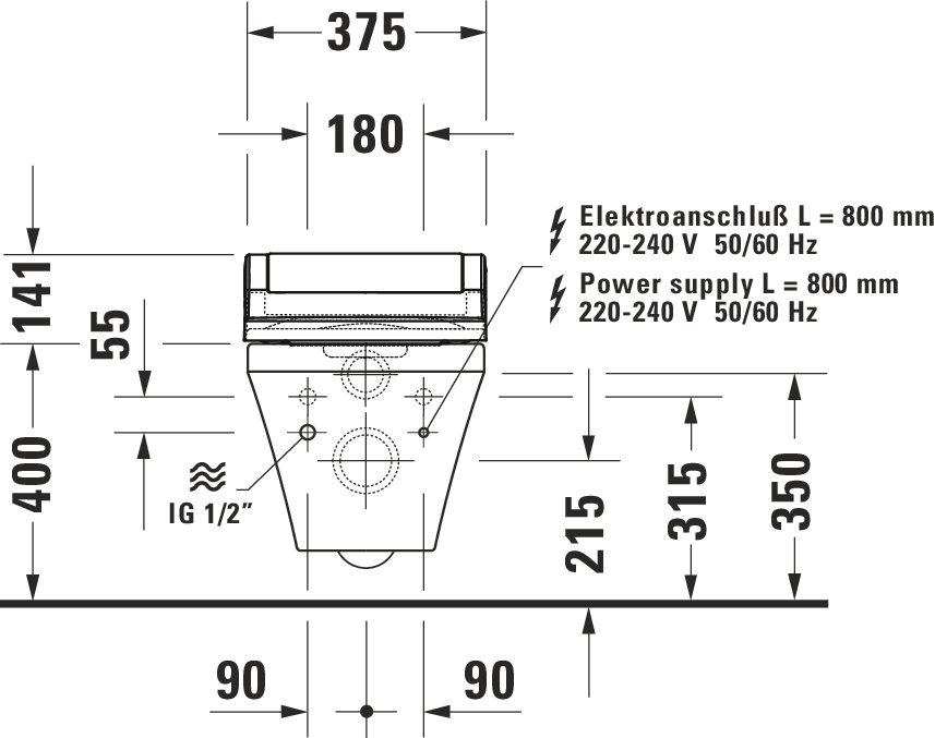 Duravit Durastyle Wandclosetpack Diepspoel Spoelrandloos Met Verdekte Bevestiging 37X62Cm Incl. Douchewc Closetzitting Slim Sensowash Wit