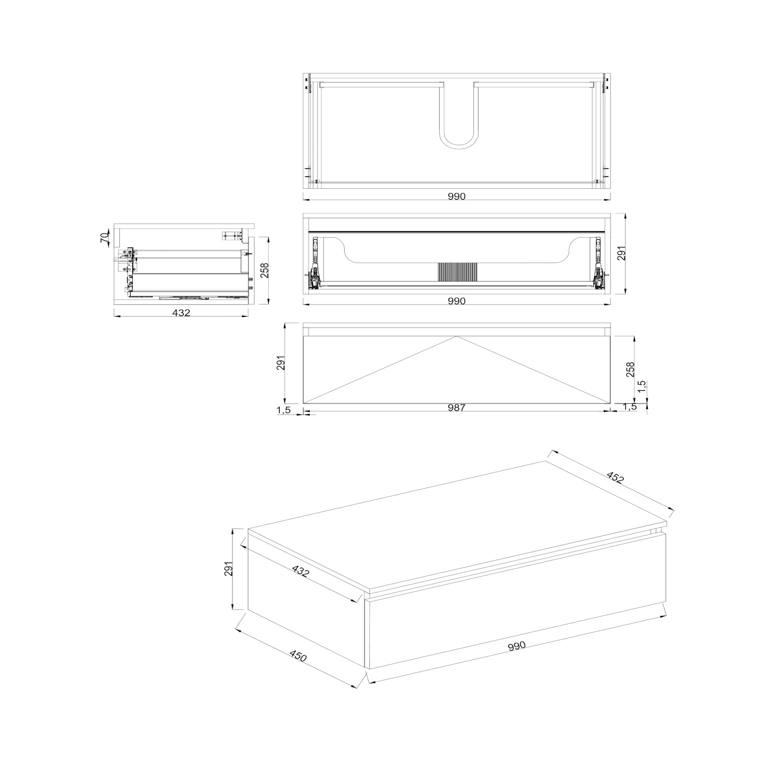 Dutchline Badmeubel Onderkast - Hamilton - 100X46Cm - 2 Lades - 1 Uitsparing