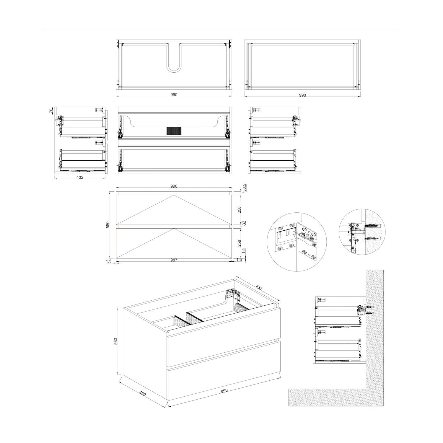Dutchline Badmeubel Onderkast Glans Wit 100X46Cm 2 Lades 1 Uitsparing
