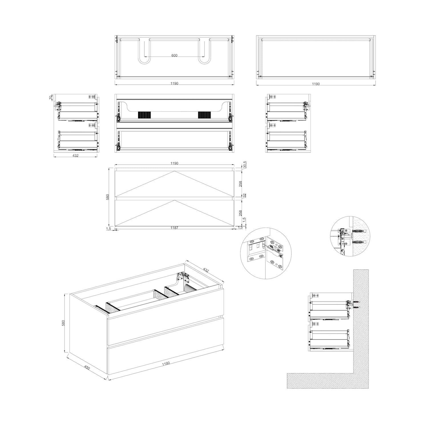 Dutchline Badmeubel Onderkast Mat Zwart 120X46Cm 2 Lades 2 Uitsparingen