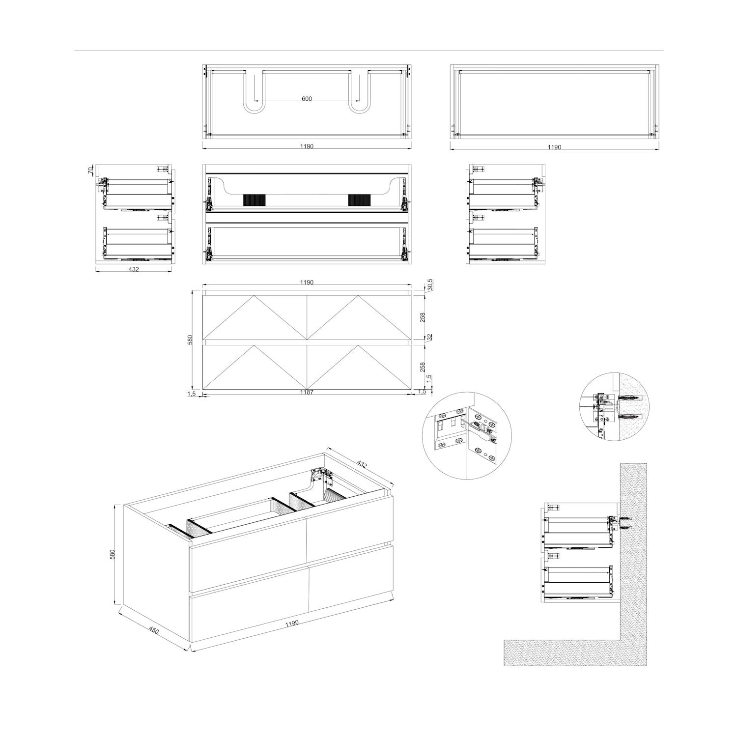 Dutchline Badmeubel Onderkast - Hamilton - 120X46Cm - 4 Lades - 2 Uitsparingen