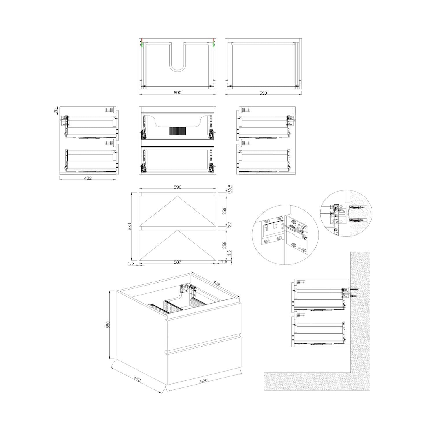 Dutchline Badmeubel Onderkast Mat Grijs 60X46Cm 2 Lades 1 Uitsparing