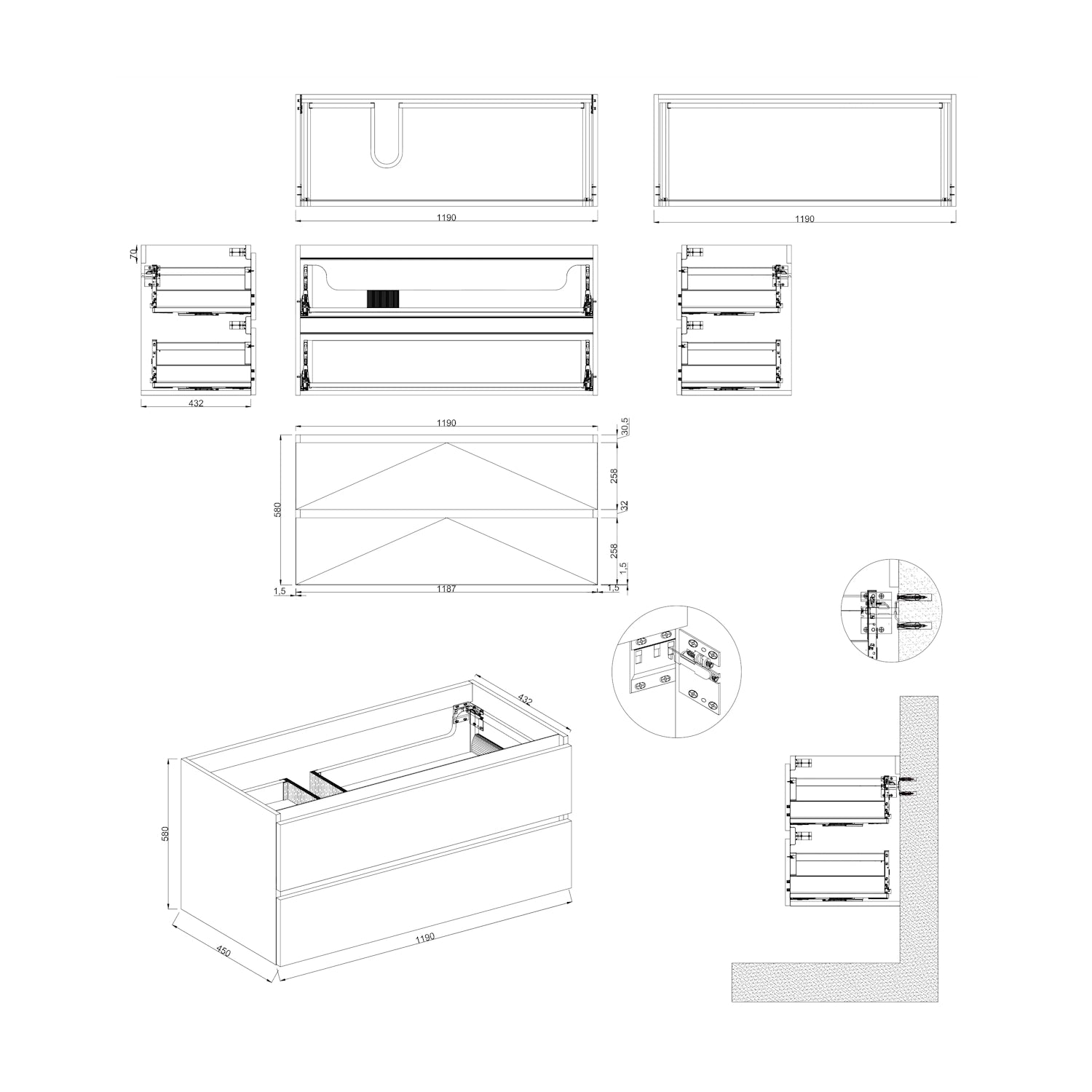 Dutchline Badmeubel Onderkast Links - Glans Wit - 120X46Cm - 2 Lades - 1 Uitsparing