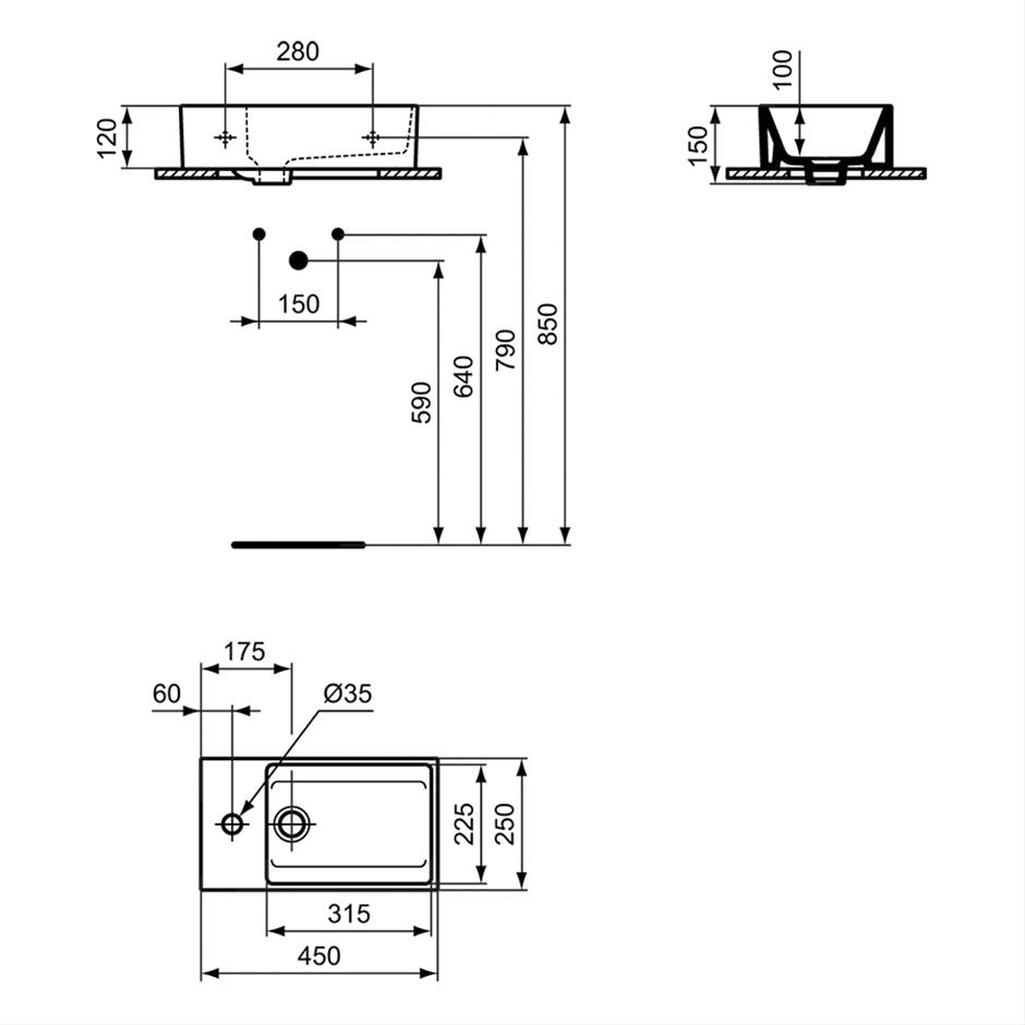 Ideal Standard Fontein 450x250x150 mm, 1 Met Kraangat, Met Overloop, Gat Aan de Linkerkant - Wit