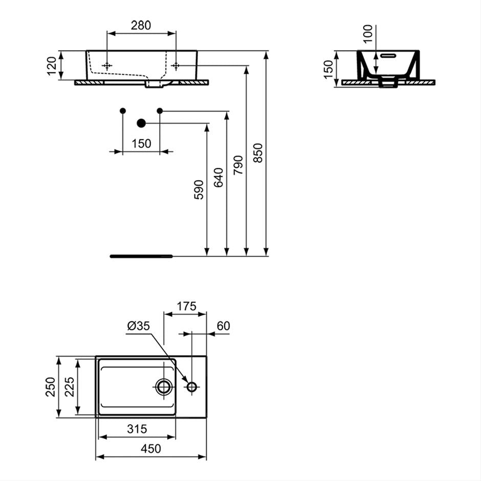 Ideal Standard Fontein 450x250x150 mm, 1 Met Kraangat, Met Overloop, Gat Aan de Rechterkant - Wit