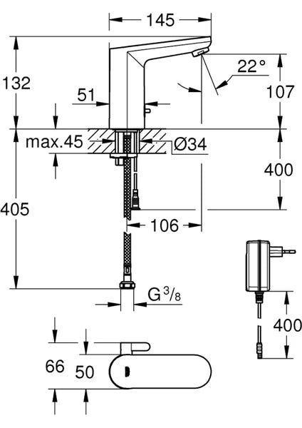 Grohe Bau Cosmopolitan E - Elektronische Wastafelkraan Met Infrarood En Menging Met Batterij 6V, Chroom