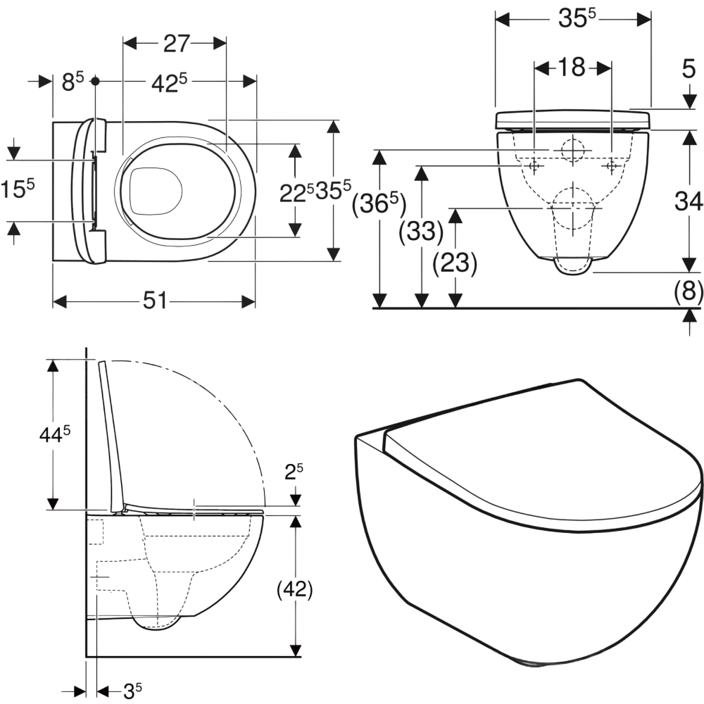 Geberit Smyle Round Rimfree Wandclosetset - Rimfree - Met Bidet - Wit